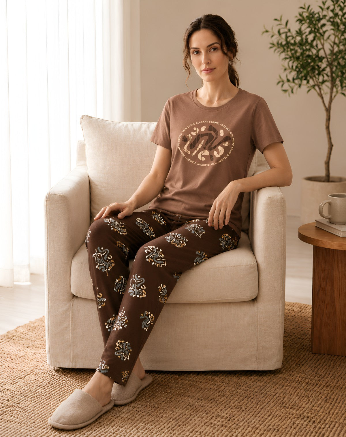 Umber And Brown Cotton Round Neck Womens Pajama Set