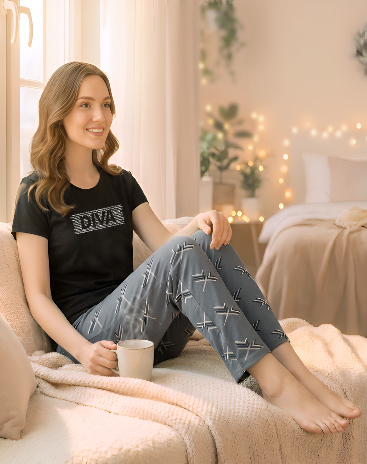Black And Lightgrey Cotton Round Neck Womens Pajama Set