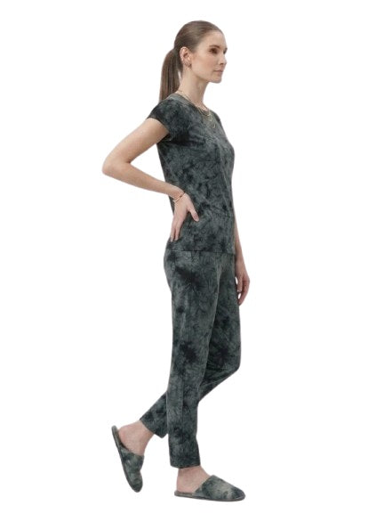 Grey Nylon Round Neck Womens Pajama Set
