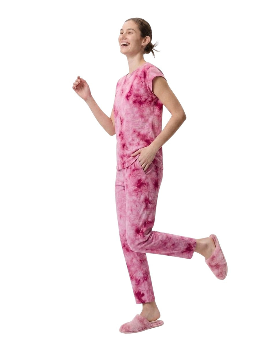 Pink Nylon Round Neck Womens Pajama Set
