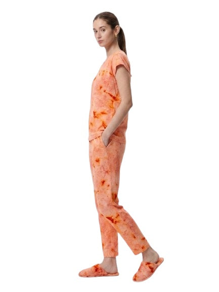Orange Nylon Round Neck Womens Pajama Set