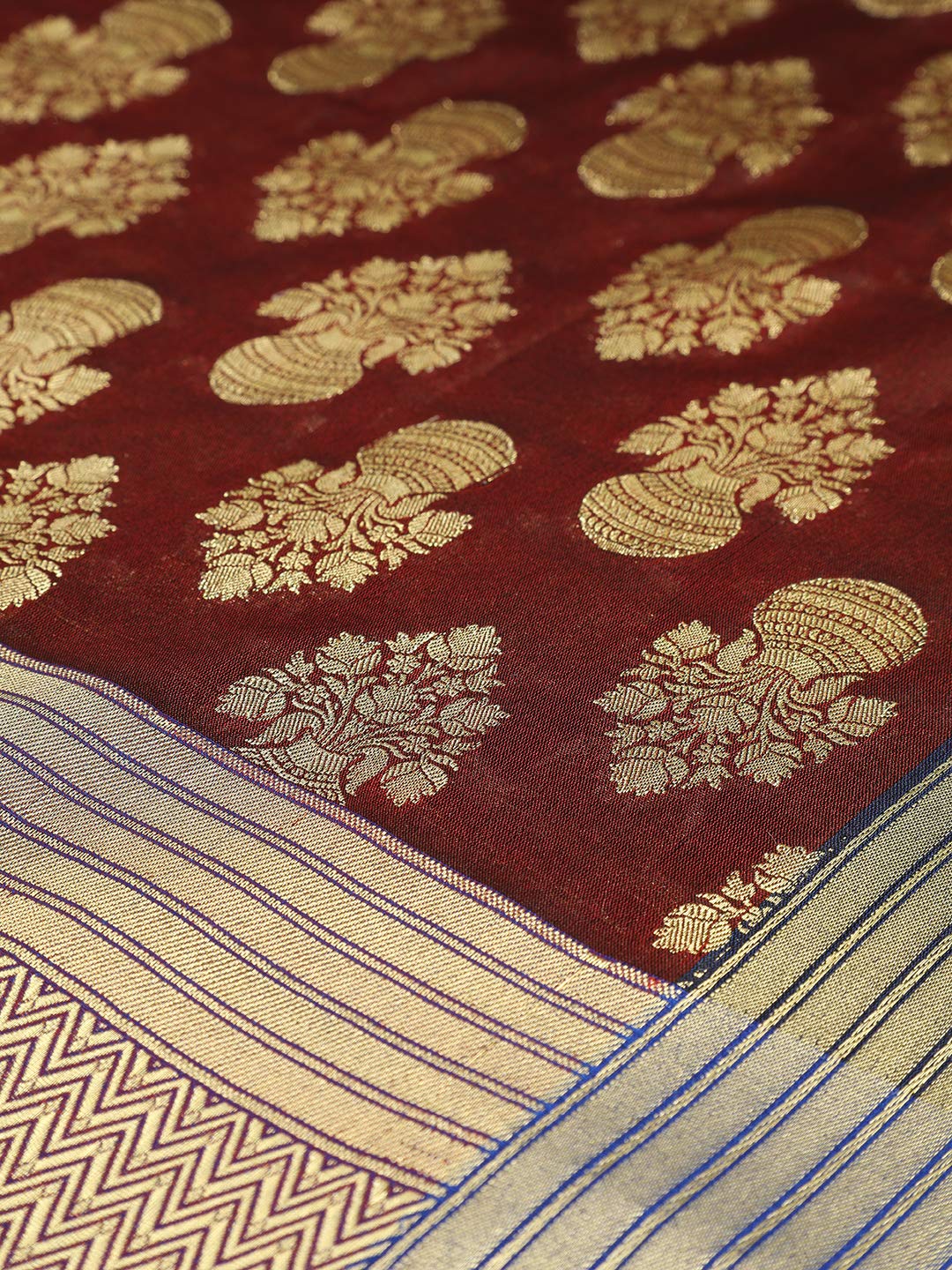 Maroon Flower Vase Banarsi Art Silk Dupatta with Blue Border For Women