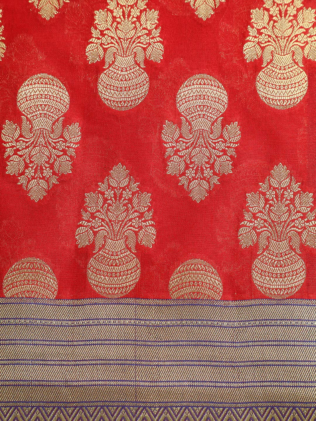 Red Flower Banarsi Art Silk Dupatta with Thick Blue Border For Women