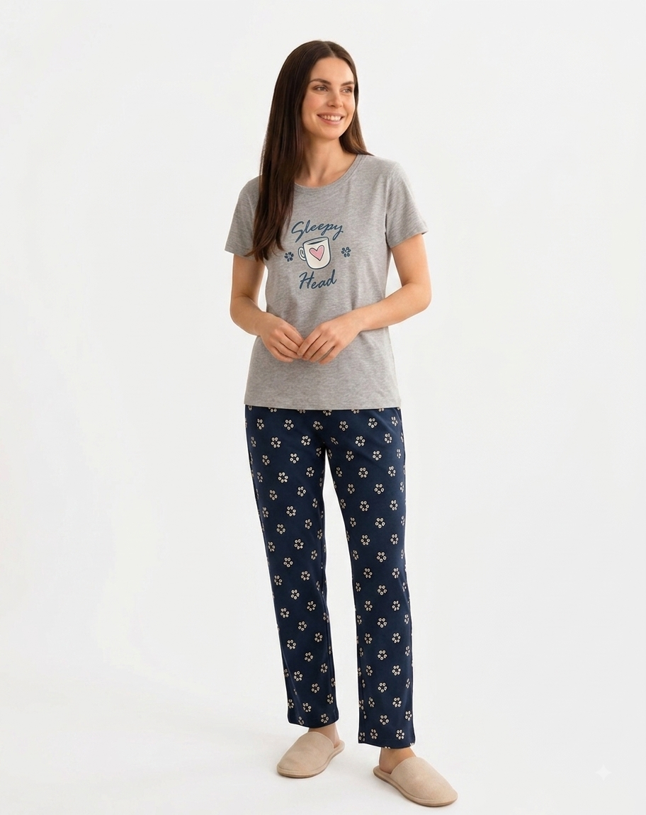 sleepy head, navy, beige flower,grey, cup, heart for woman , cotton, sizes available- M,L,Xl,Xxl