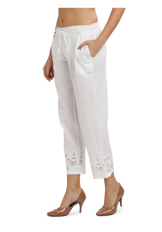 white straight fit cotton pants embroidery comfortable soft